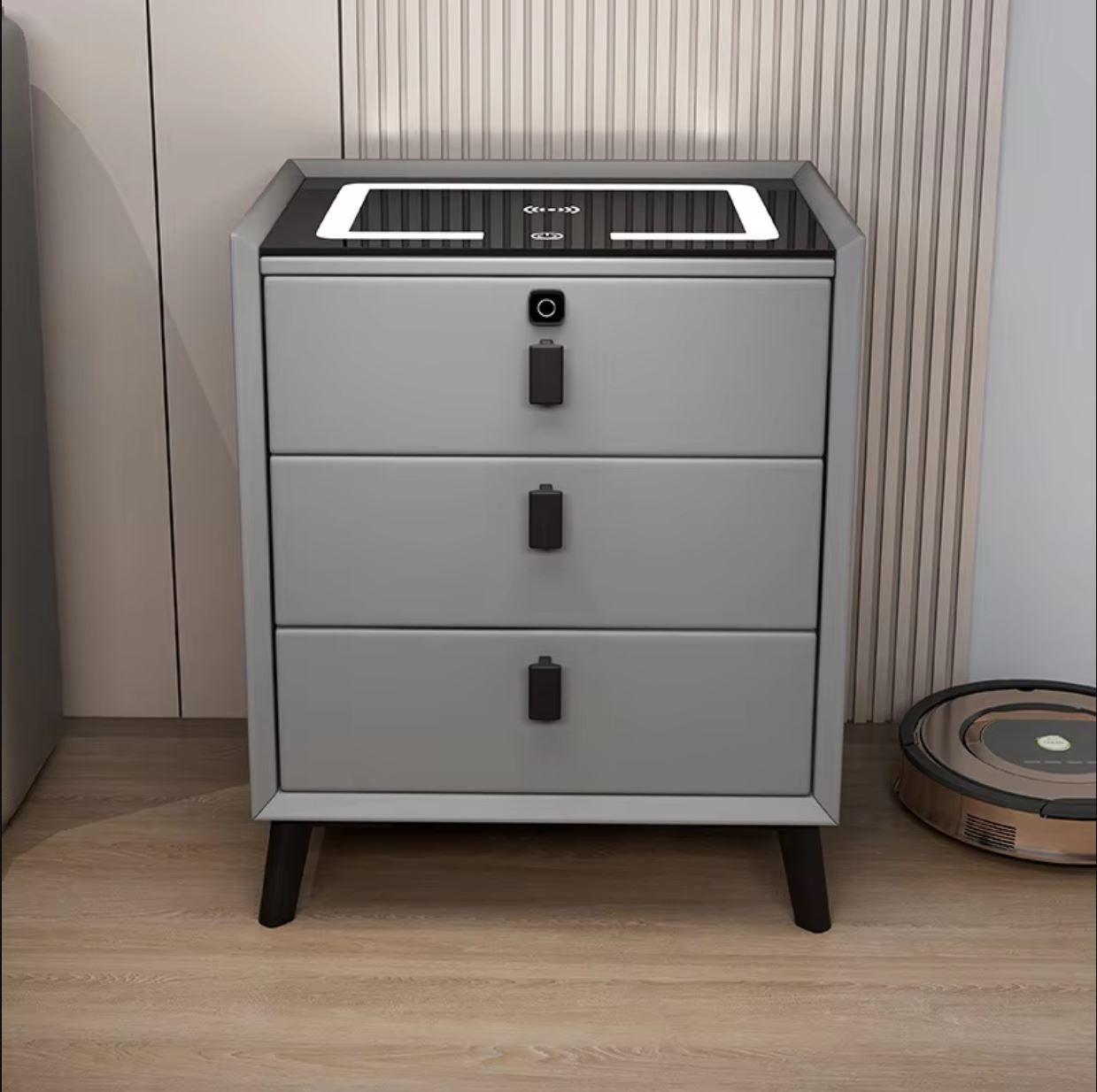 Noptiera Gri Smart Cu Incarcare Wireless Lumini Amprenta Si Boxa Bluetooth Nightstand