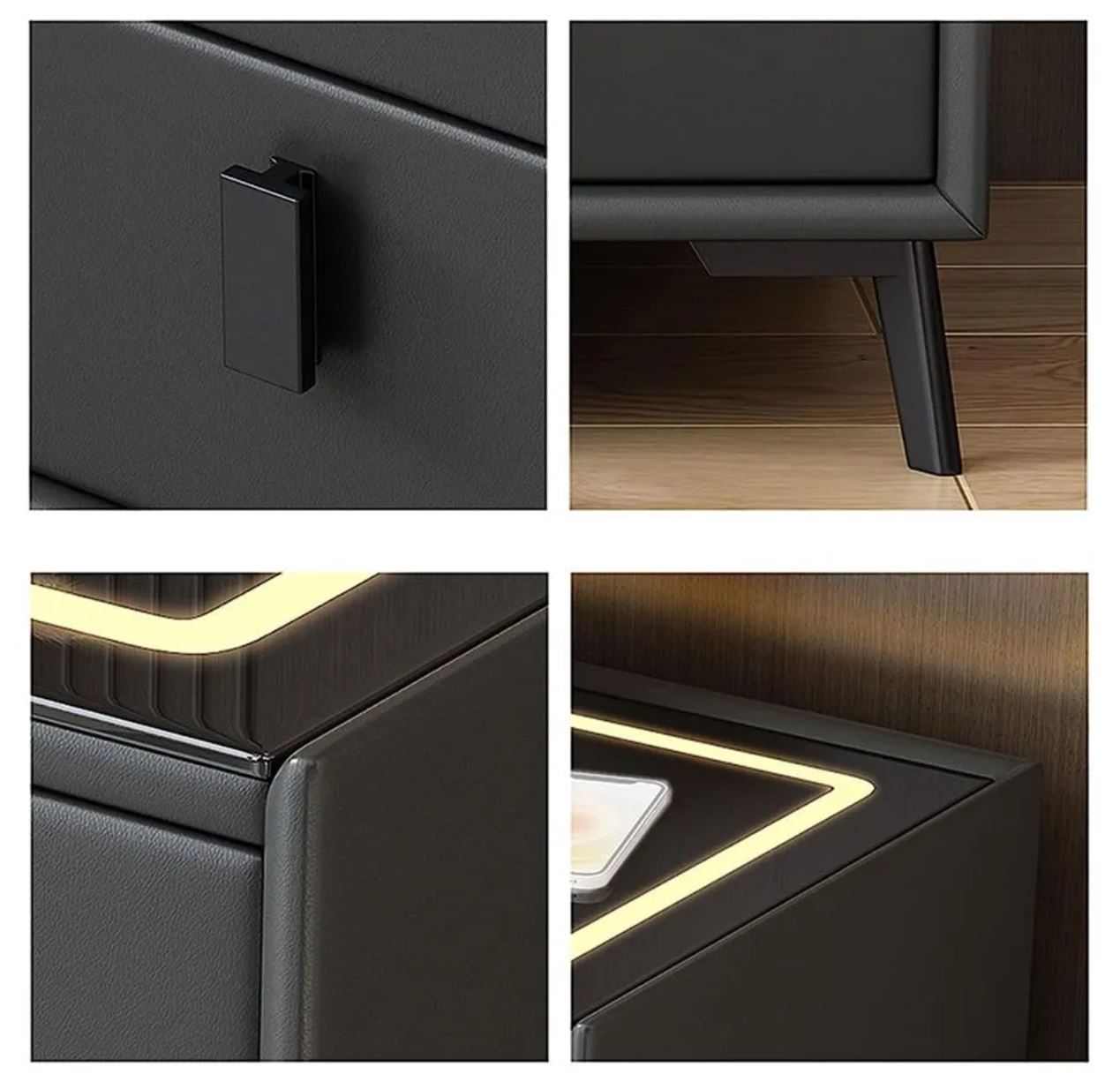 Noptiera Neagra Smart Cu Incarcare Wireless Lumini Amprenta Si Boxa Bluetooth Nightstand