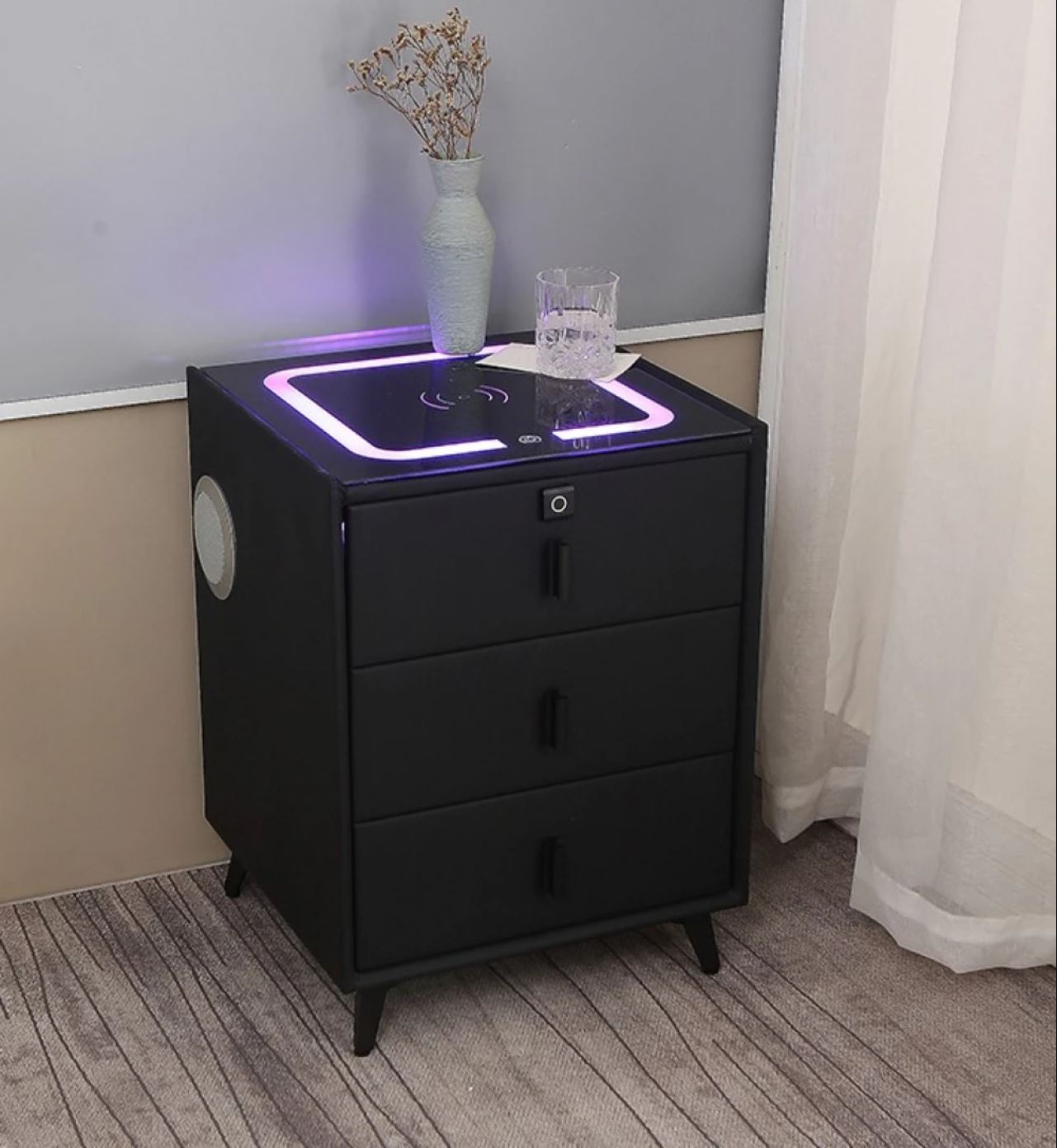 Noptiera Neagra Smart Cu Incarcare Wireless Lumini Amprenta Si Boxa Bluetooth Nightstand