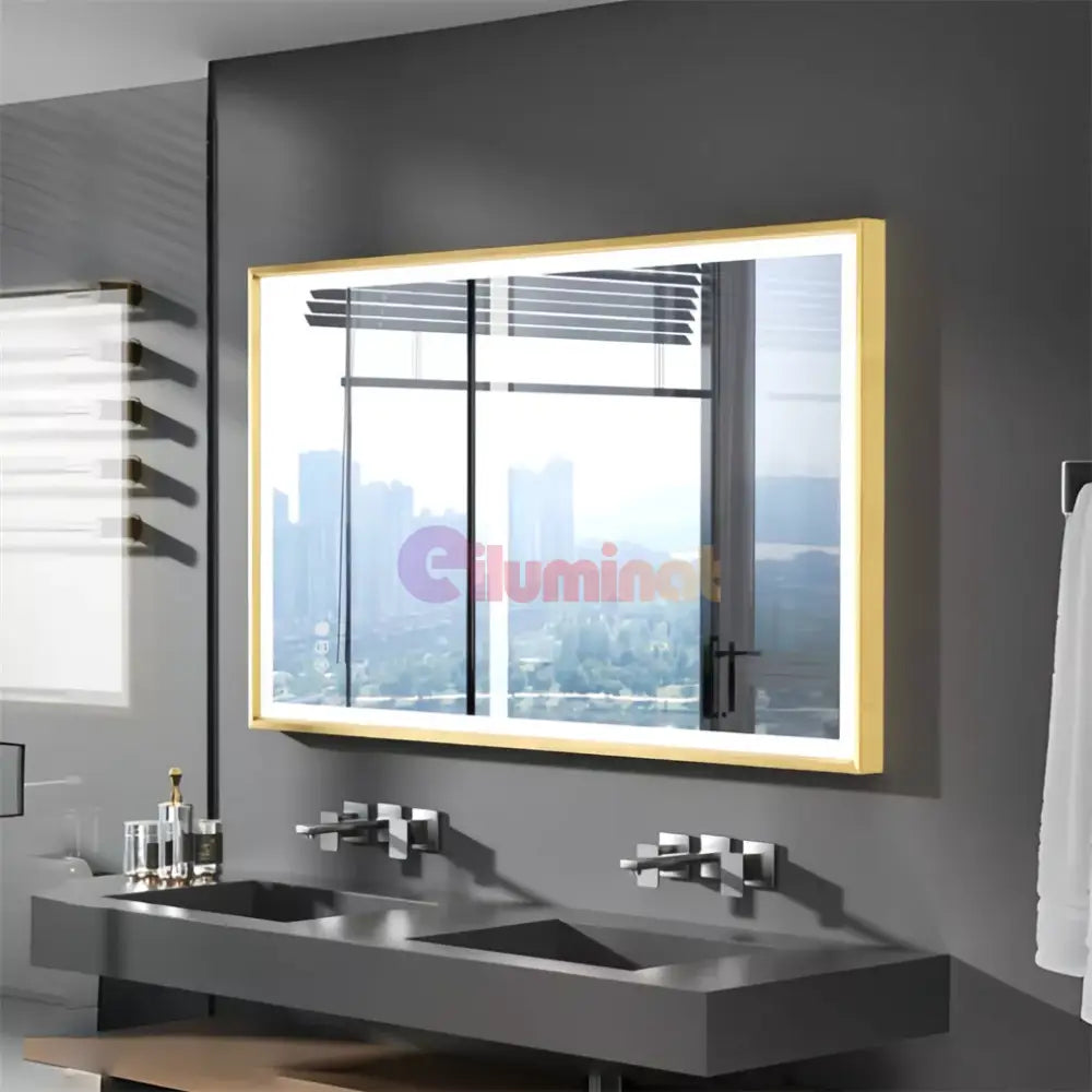 Oglinda Led 100X65Cm Cu Rama Aurie Functie Dezaburire Touch Si Ceas J21 Mirror