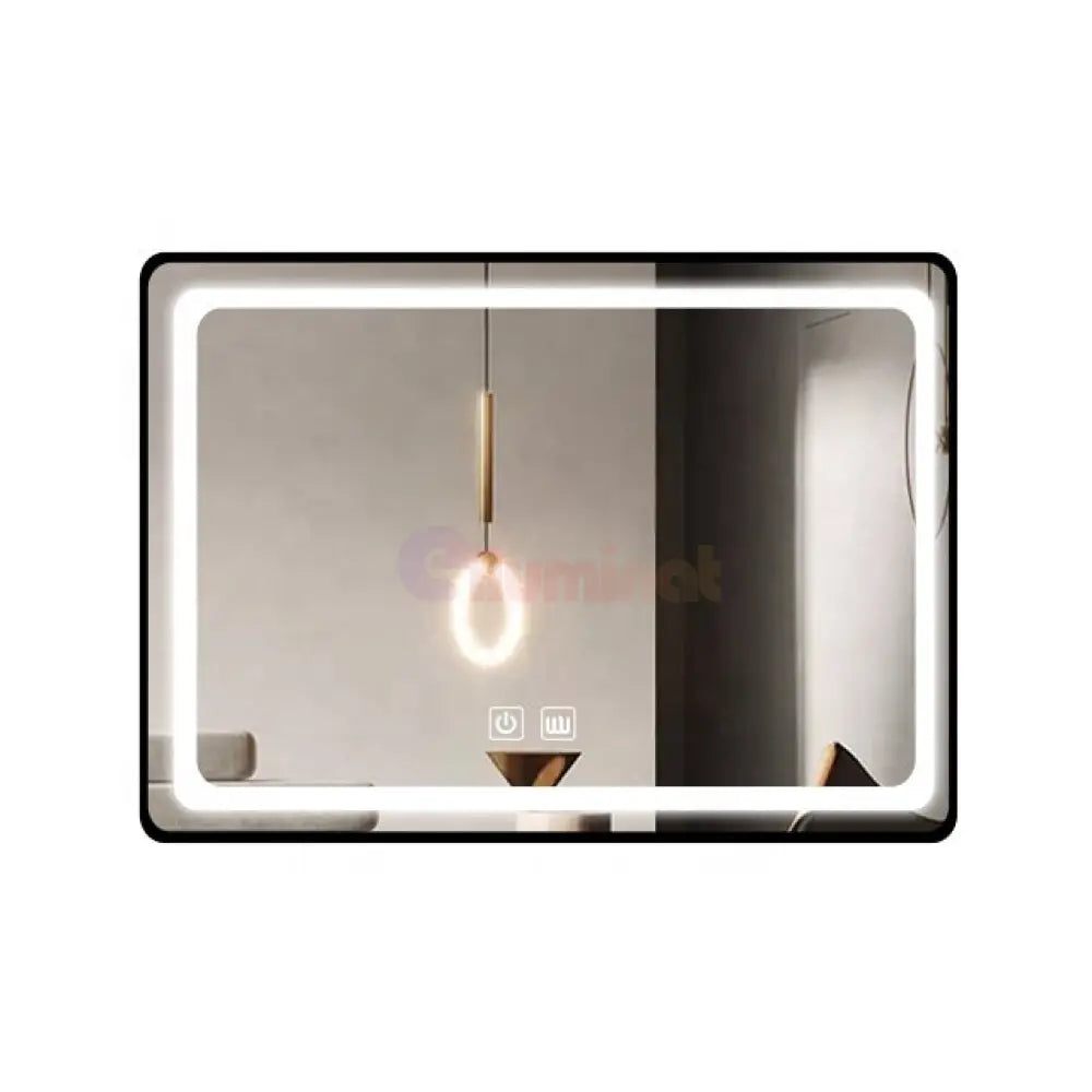 Oglinda Led 100X65Cm Cu Rama Neagra Functie Dezaburire Touch Si Ceas J17 Mirror