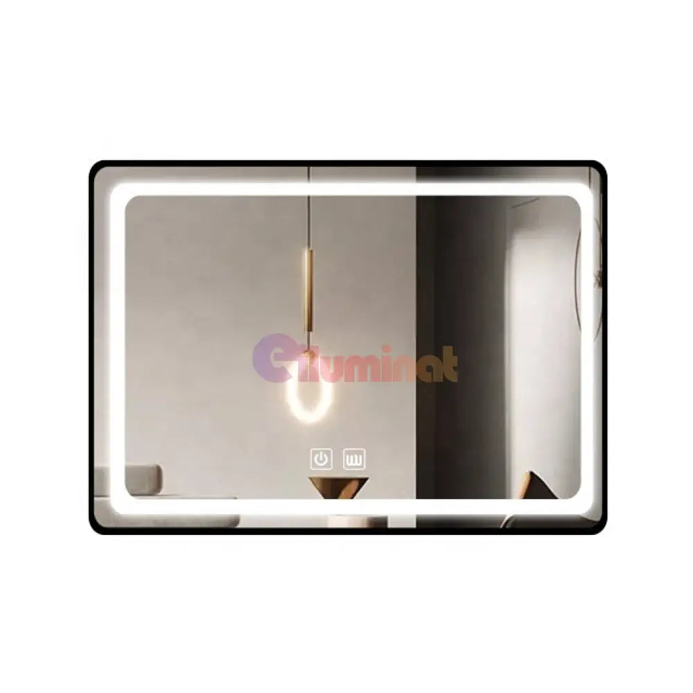 Oglinda Led 100X65Cm Cu Rama Neagra Functie Dezaburire Touch Si Ceas J17 Mirror