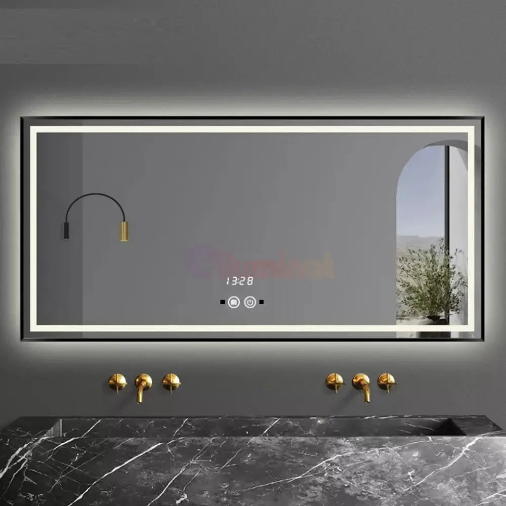 Oglinda Led 100X65Cm Cu Rama Neagra Functie Touch Senzor De Miscare Si Ceas J31 Mirror