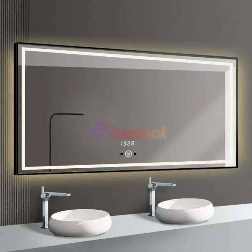 Oglinda Led 100X65Cm Cu Rama Neagra Functie Touch Senzor De Miscare Si Ceas J31 Mirror