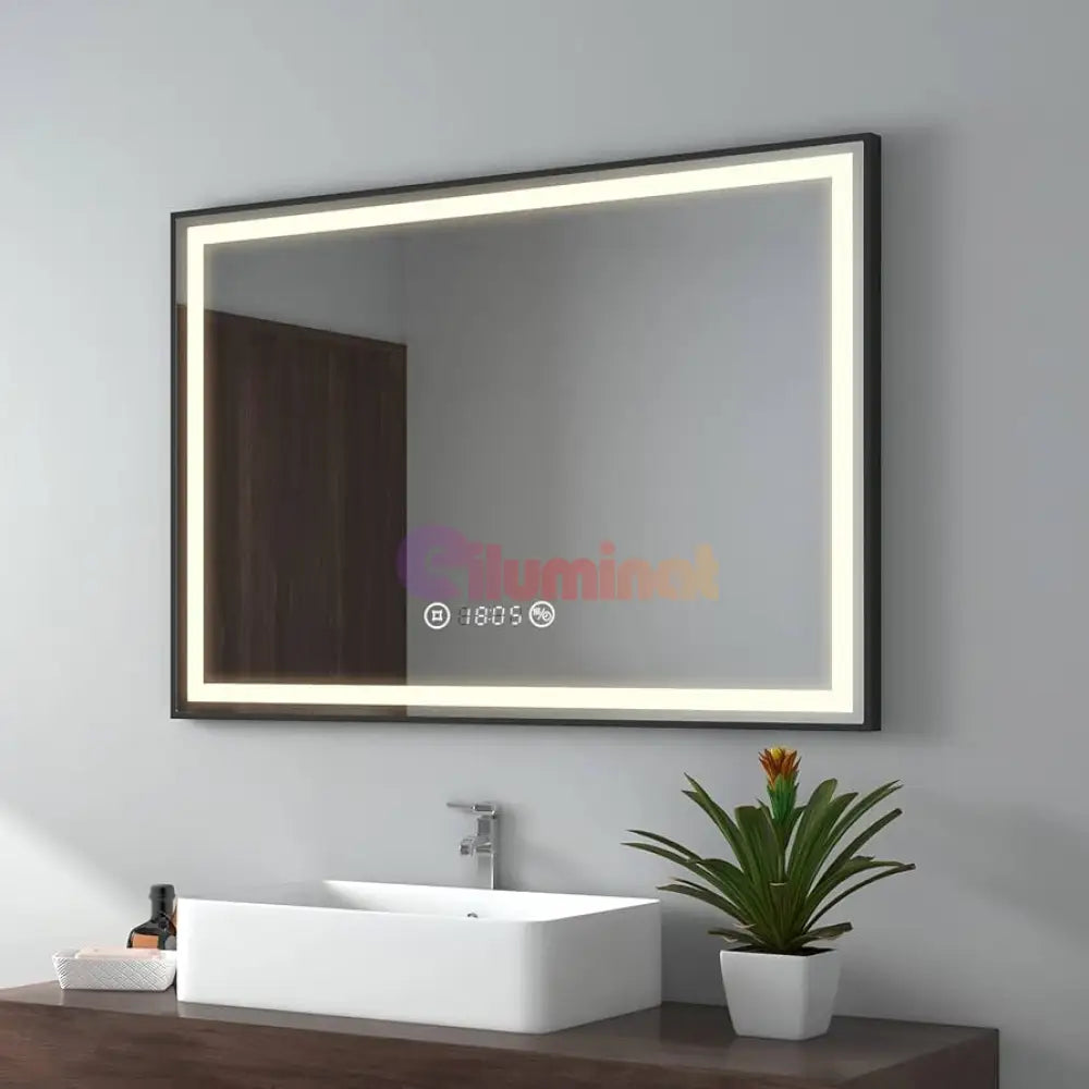 Oglinda LED 100x70cm Rama Neagra Senzor Dezaburire 3 Lumini Temperatura si Ceas W03 NEAGRA / 100X70CM LED MIRROR