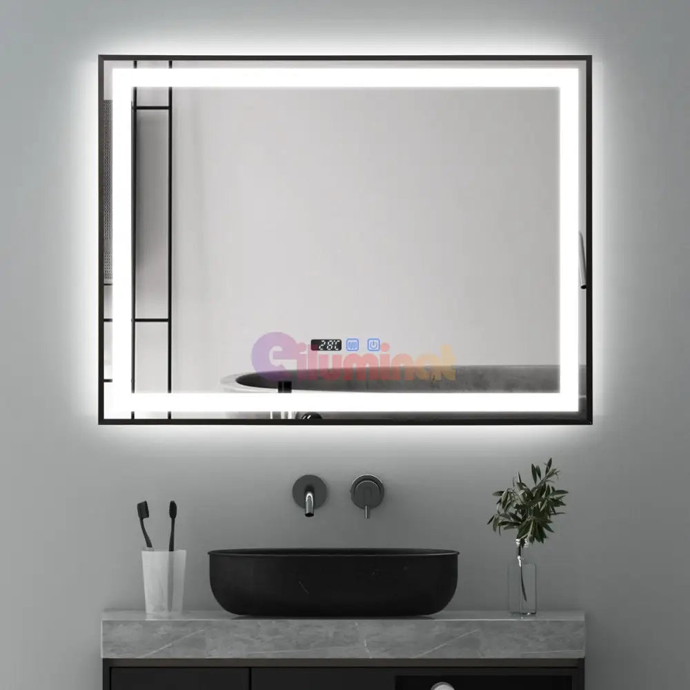 Oglinda LED 100x70cm Rama Neagra Senzor Dezaburire 3 Lumini Temperatura si Ceas W03 NEAGRA / 100X70CM LED MIRROR