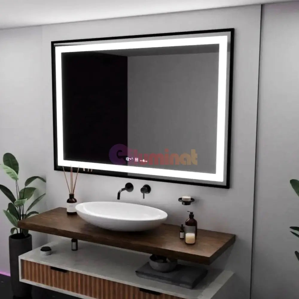 Oglinda LED 100x70cm Rama Neagra Senzor Dezaburire 3 Lumini Temperatura si Ceas W03 NEAGRA / 100X70CM LED MIRROR