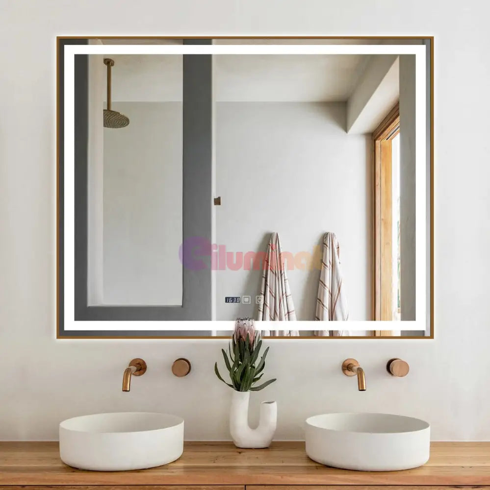 Oglinda Led 100X80Cm Cu Rama Aurie Functie Dezaburire Touch Si Ceas J44 Mirror