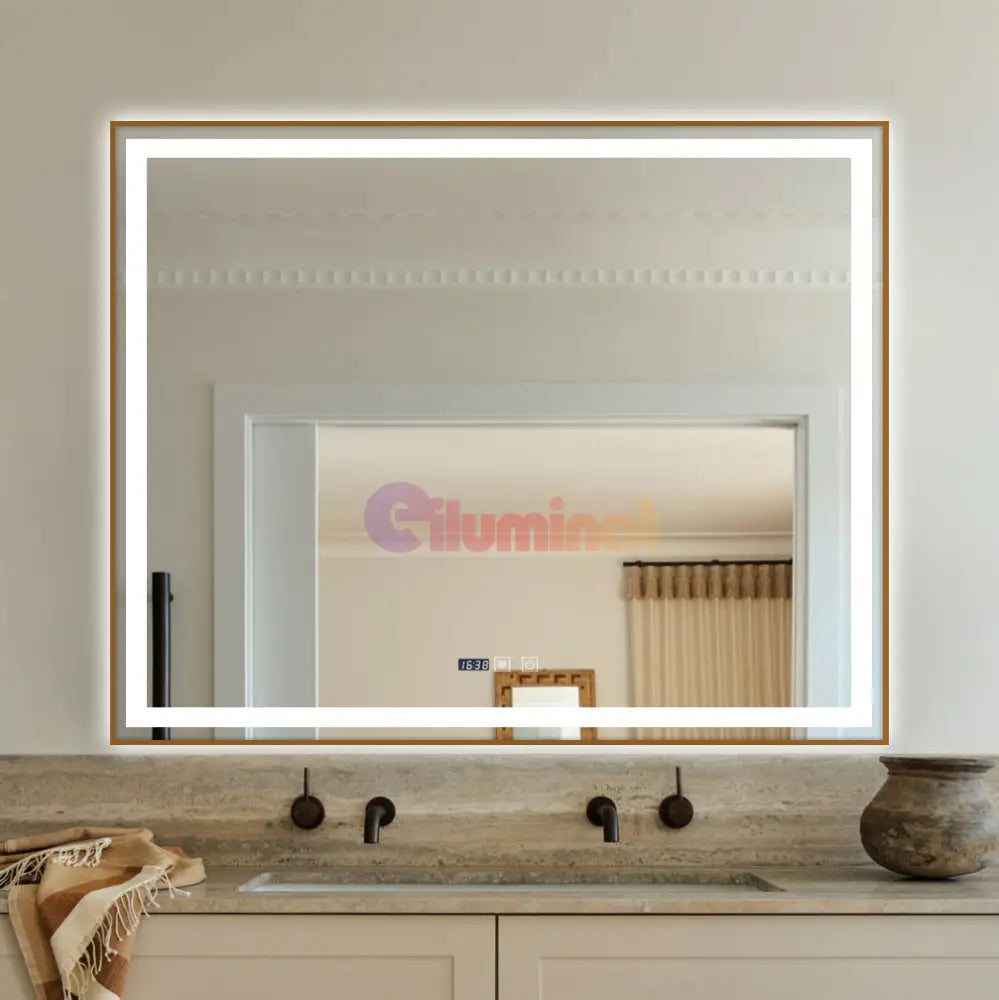 Oglinda Led 100X80Cm Cu Rama Aurie Functie Dezaburire Touch Si Ceas J44 Mirror