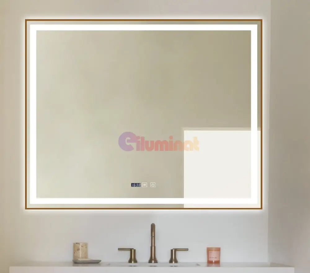 Oglinda Led 100X80Cm Cu Rama Aurie Functie Dezaburire Touch Si Ceas J44 Mirror