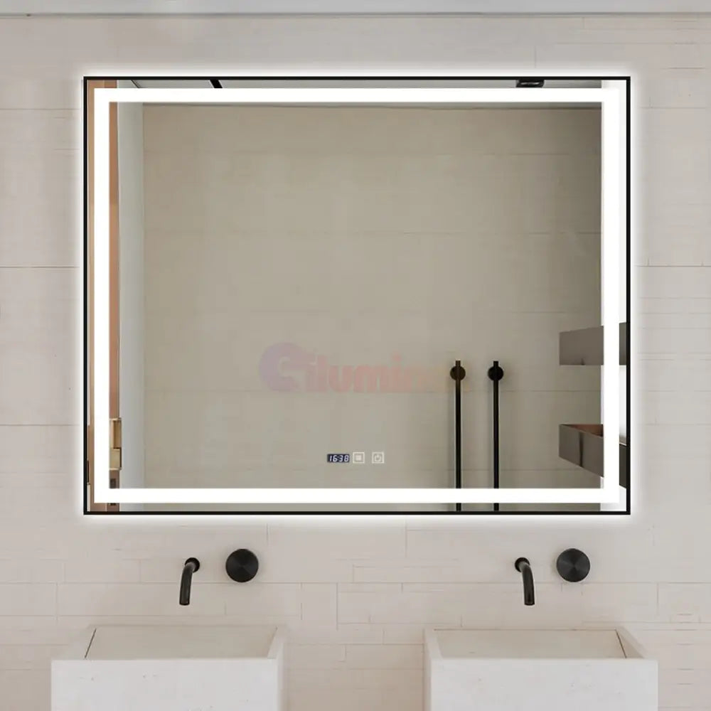 Oglinda Led 100X80Cm Cu Rama Neagra Functie Dezaburire Touch Si Ceas J42 Mirror