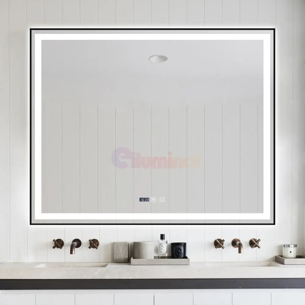 Oglinda Led 100X80Cm Cu Rama Neagra Functie Dezaburire Touch Si Ceas J42 Mirror