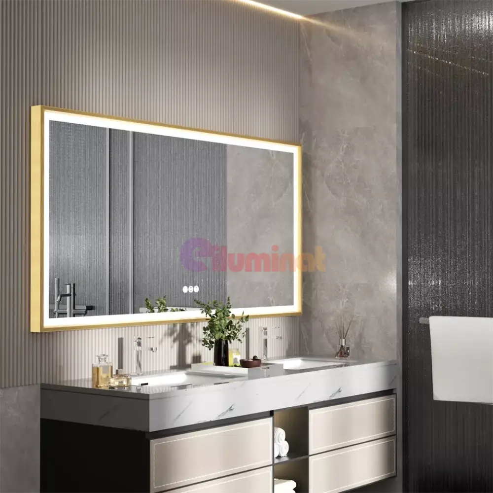 Oglinda LED 100x80cm Rama Aurie Senzor Dezaburire 3 Lumini Temperatura si Ceas W10L AURIE / 100X80CM LED MIRROR