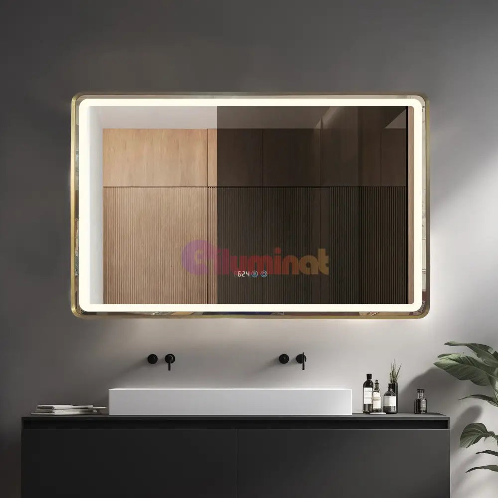 Oglinda Led 110X70Cm Rama Aurie Dezaburire Ceas Temperatura Touch Si 3 Lumini Od058/Gd Mirror