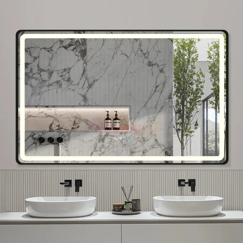 Oglinda Led 110X70Cm Rama Neagra Dezaburire Ceas Temperatura Touch Si 3 Lumini Od058/Bk Mirror