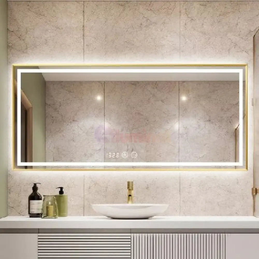 Oglinda Led 120X80Cm Cu Rama Aurie Functie Dezaburire Touch Si Ceas J47 Mirror