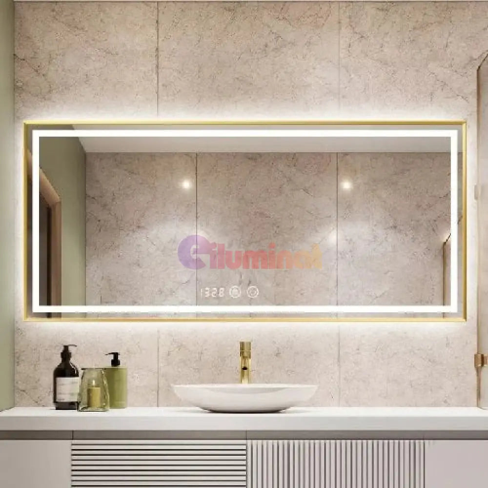 Oglinda Led 120X80Cm Cu Rama Aurie Functie Dezaburire Touch Si Ceas J47 Mirror