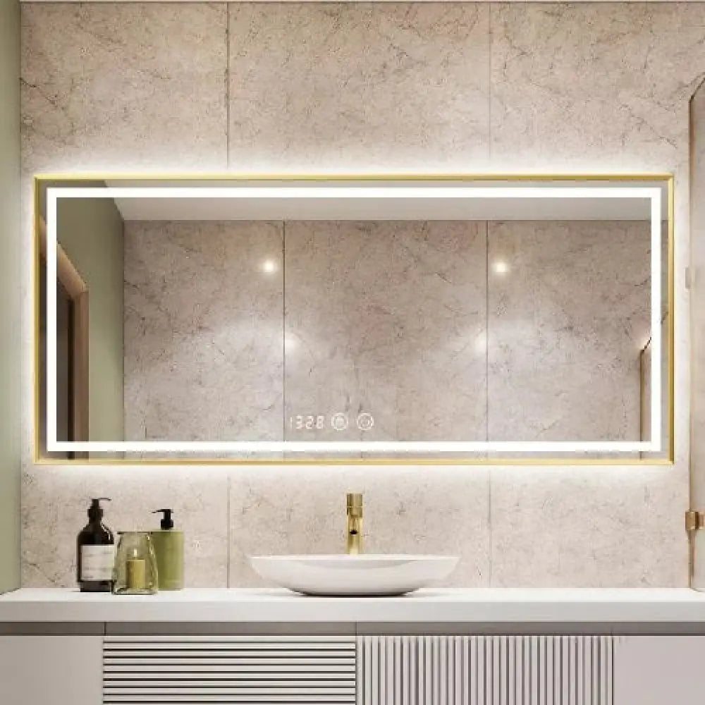 Oglinda Led 120X80Cm Cu Rama Aurie Functie Dezaburire Touch Si Ceas J47 Mirror
