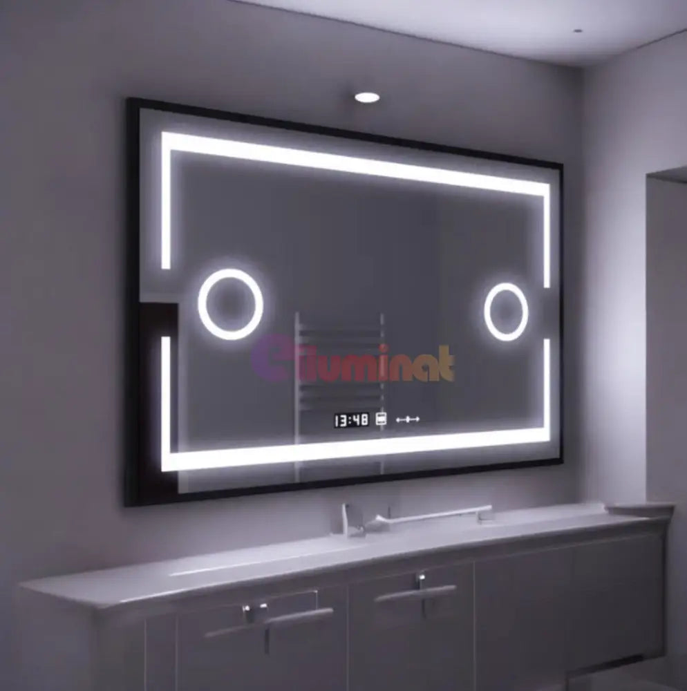 Oglinda Led 120X80Cm Cu Rama Neagra Functie Dezaburire Touch Lupa Si Ceas Mirror