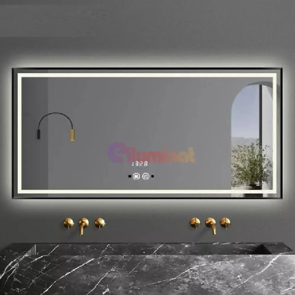 Oglinda Led 120X80Cm Cu Rama Neagra Functie Dezaburire Touch Si Ceas J45 Mirror
