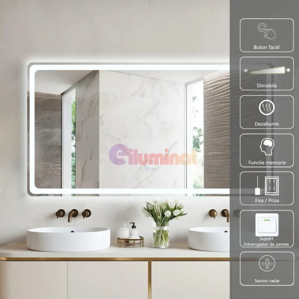 Oglinda LED 150x80CM cu Senzor Radar 3 Lumini Touch Dezaburire Ceas Termometru ARGINTIE / 150x80CM LED MIRROR