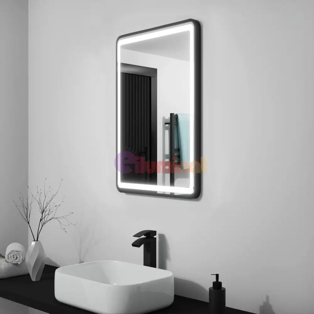 Oglinda Led 50X70Cm Rama Neagra Cu Dezaburire Si Touch J35 Mirror