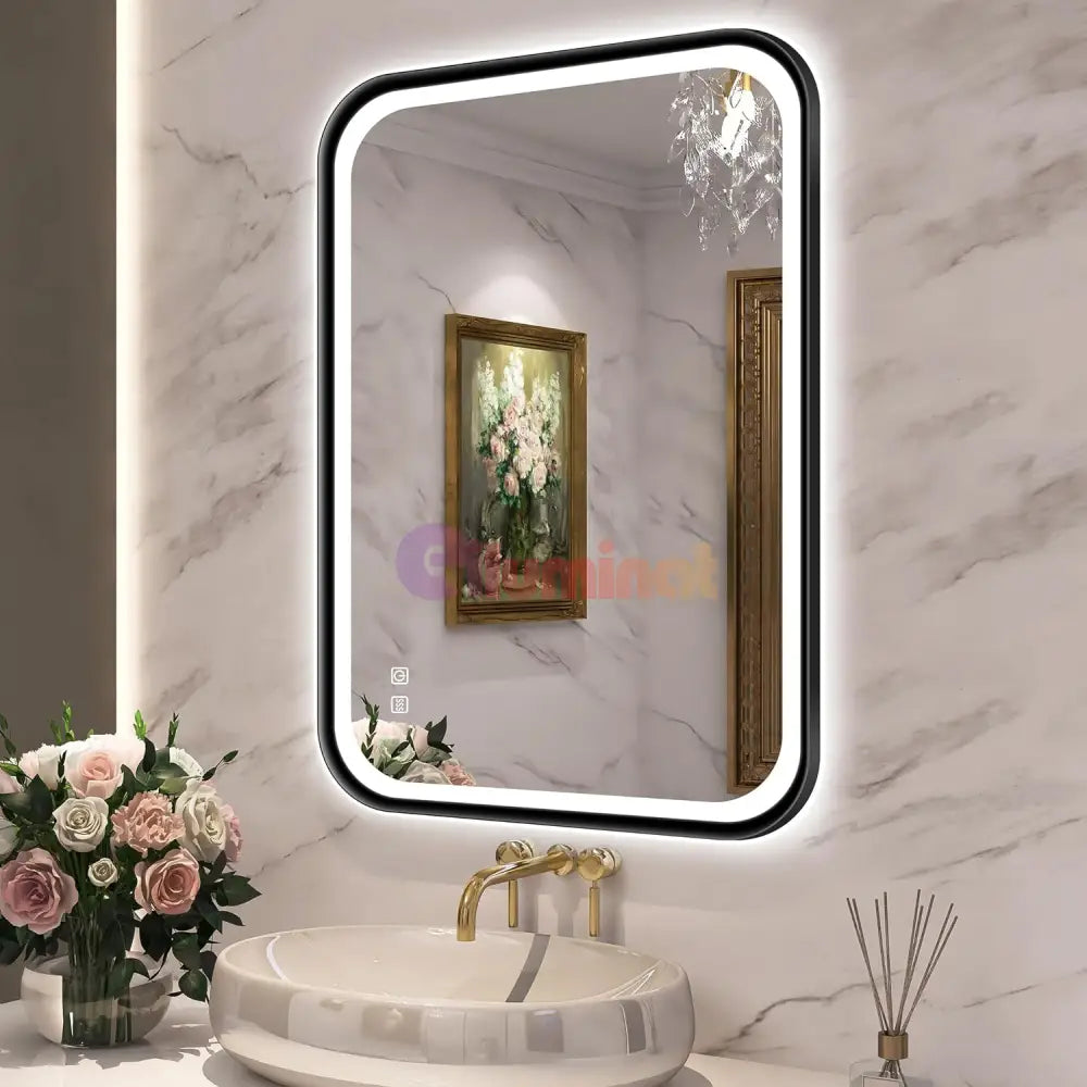 Oglinda Led 50X70Cm Rama Neagra Cu Dezaburire Si Touch J35 Mirror