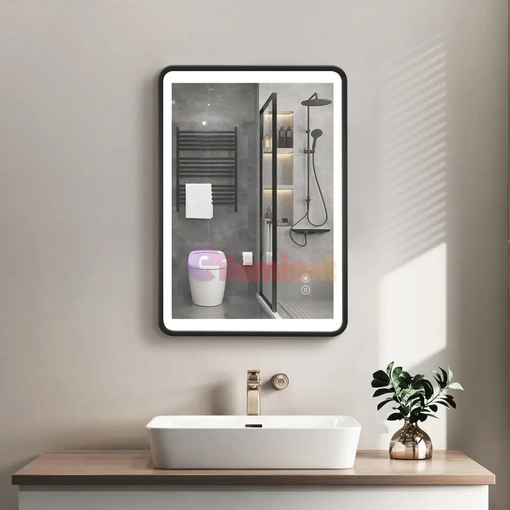 Oglinda Led 50X70Cm Rama Neagra Cu Dezaburire Si Touch J35 Mirror