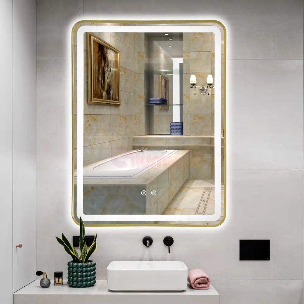 Oglinda Led 60X80Cm Rama Aurie 3 Lumini Dezaburire Si Touch Od039/Gd Mirror