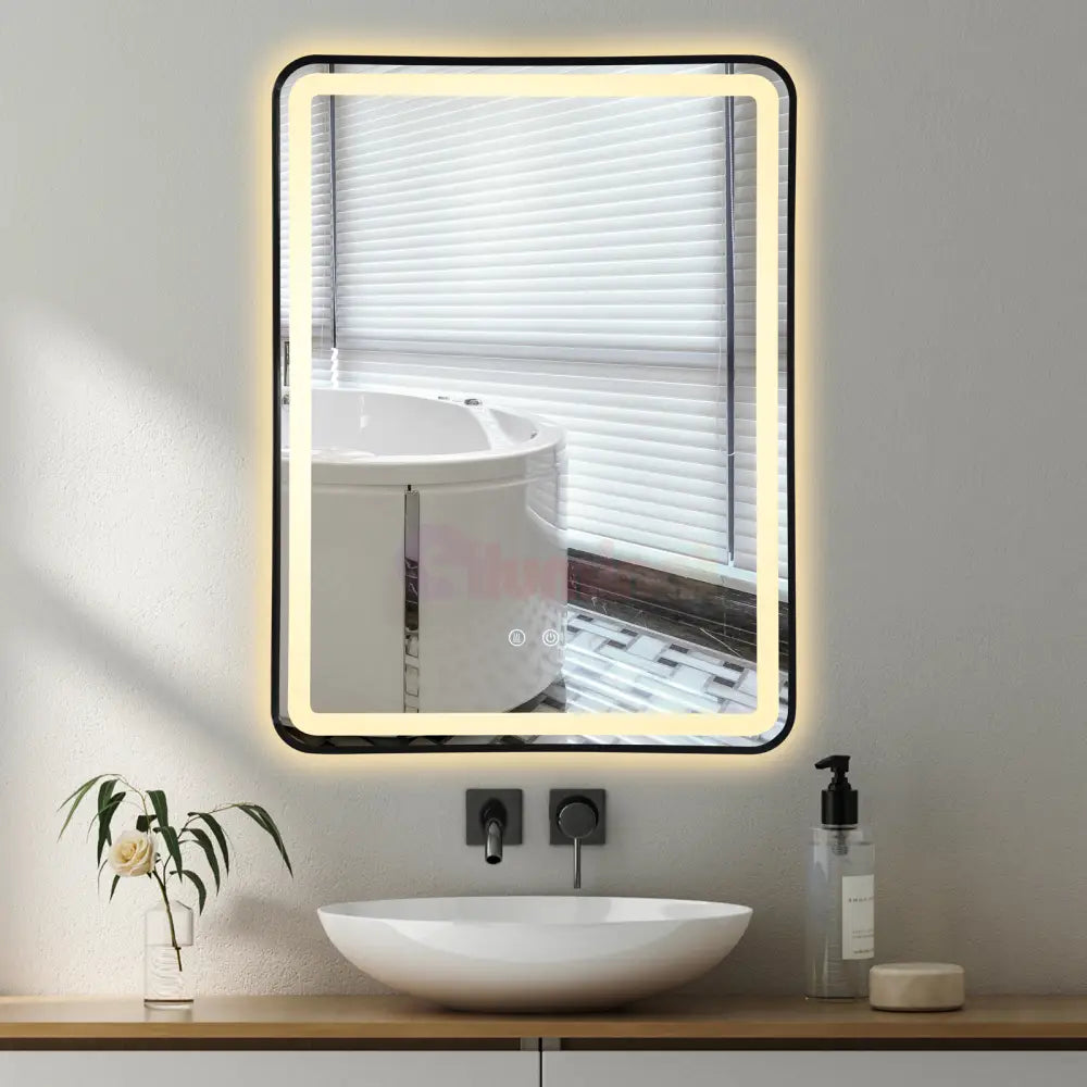 Oglinda Led 60X80Cm Rama Neagra 3 Lumini Dezaburire Si Touch Od039/Bk Mirror