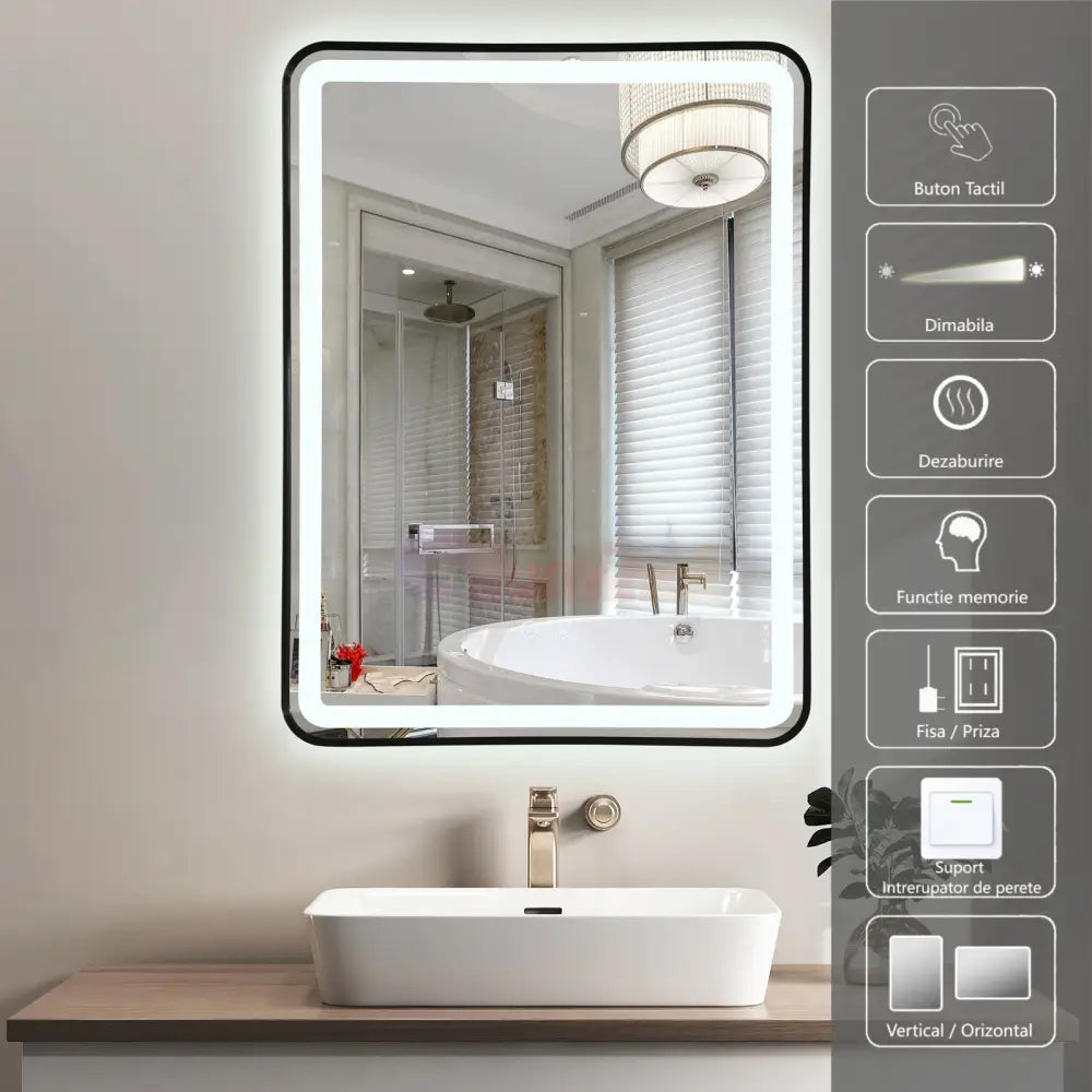 Oglinda Led 60X80Cm Rama Neagra 3 Lumini Dezaburire Si Touch Od039/Bk Mirror