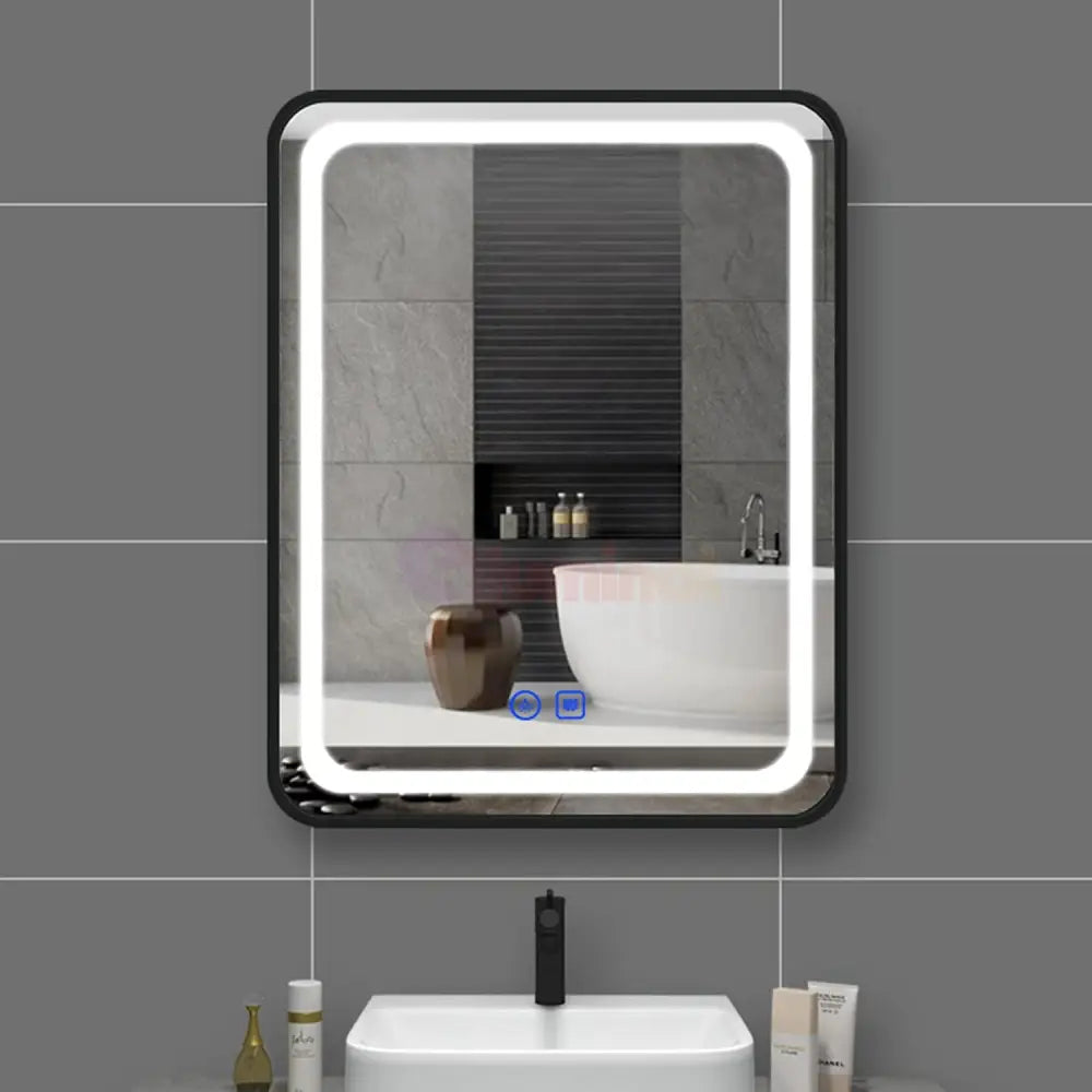 Oglinda Led 60X80Cm Rama Neagra Functie Dezaburire Si Touch J24 Mirror