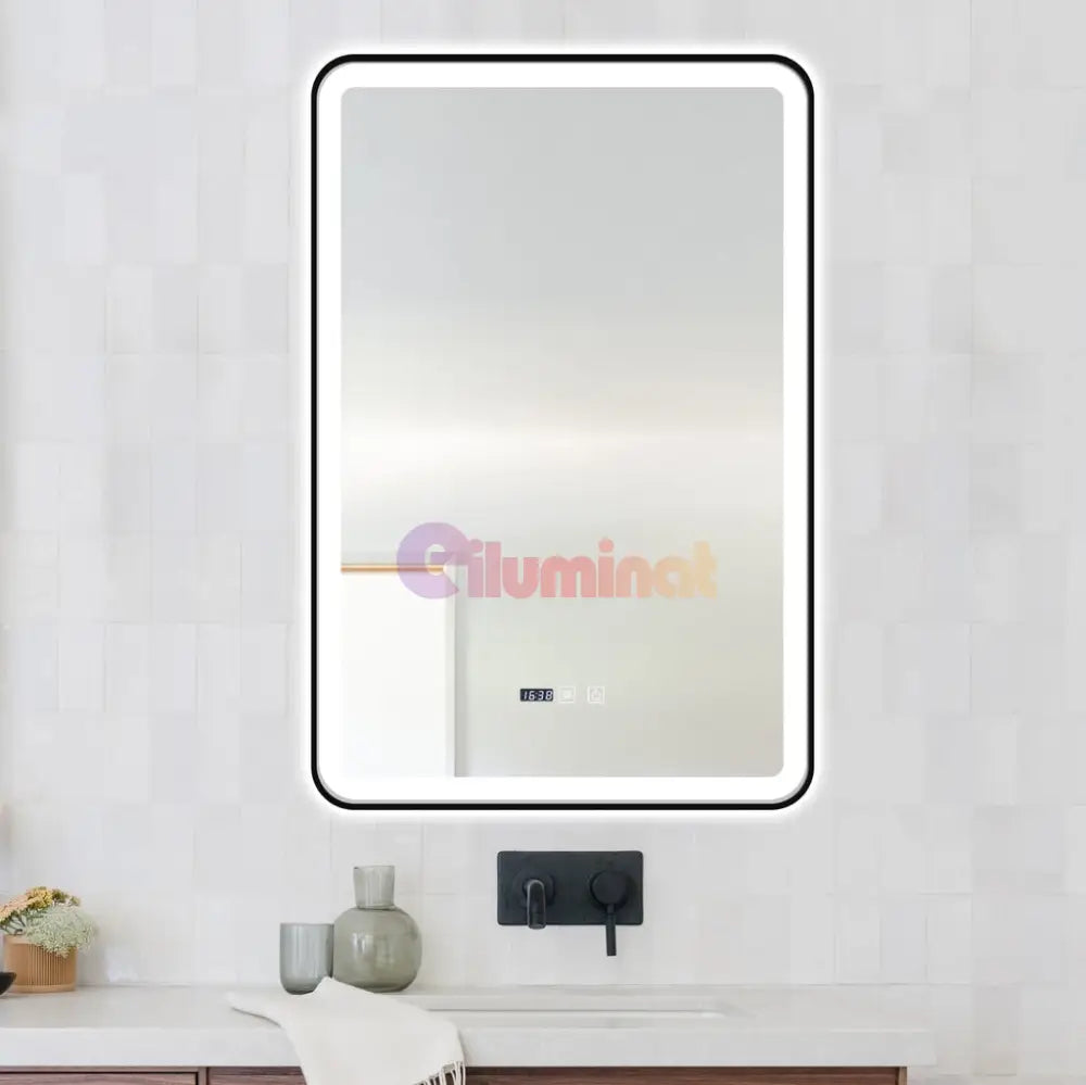 Oglinda Led 60X90Cm Cu Rama Neagra Functie Dezaburire Touch Si Ceas J36 Mirror