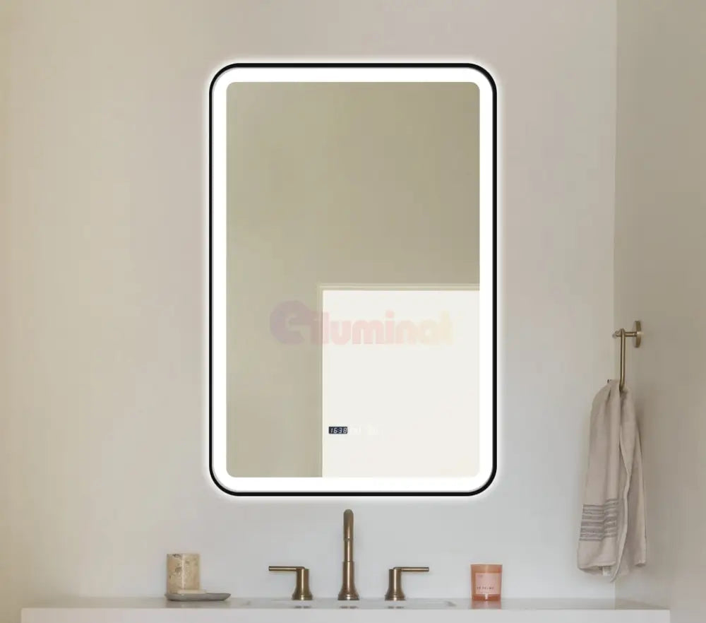 Oglinda Led 60X90Cm Cu Rama Neagra Functie Dezaburire Touch Si Ceas J36 Mirror