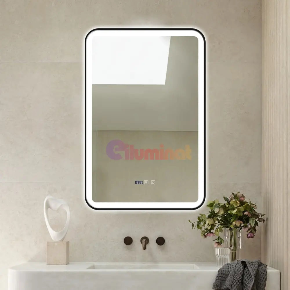 Oglinda Led 60X90Cm Cu Rama Neagra Functie Dezaburire Touch Si Ceas J36 Mirror
