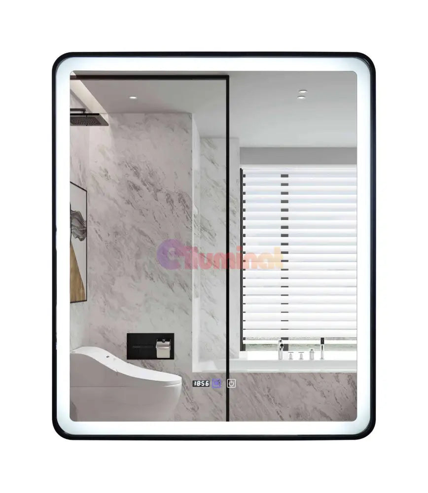 Oglinda Led 75X90Cm Cu Rama Neagra Functie Dezaburire Touch Si Ceas J37 Mirror