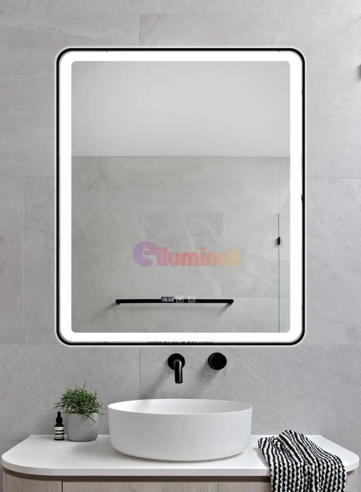 Oglinda Led 75X90Cm Cu Rama Neagra Functie Dezaburire Touch Si Ceas J37 Mirror