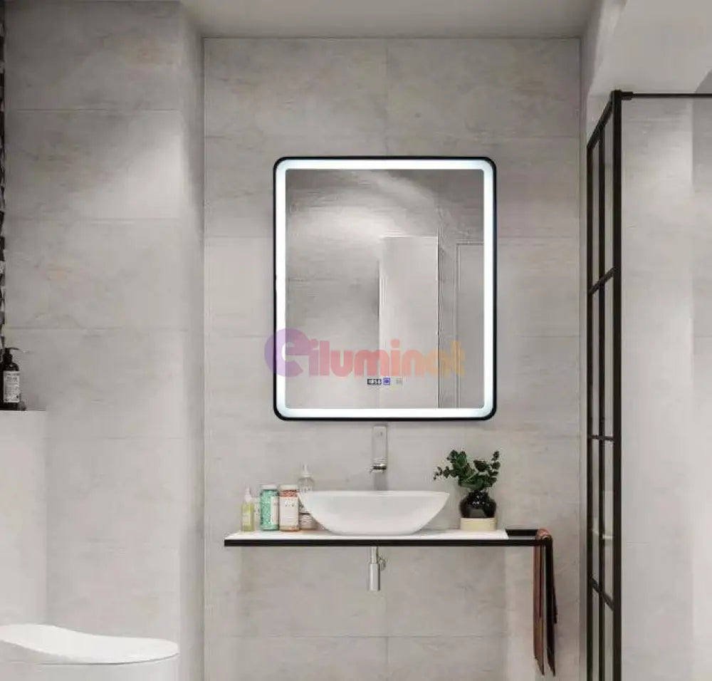 Oglinda Led 75X90Cm Cu Rama Neagra Functie Dezaburire Touch Si Ceas J37 Mirror