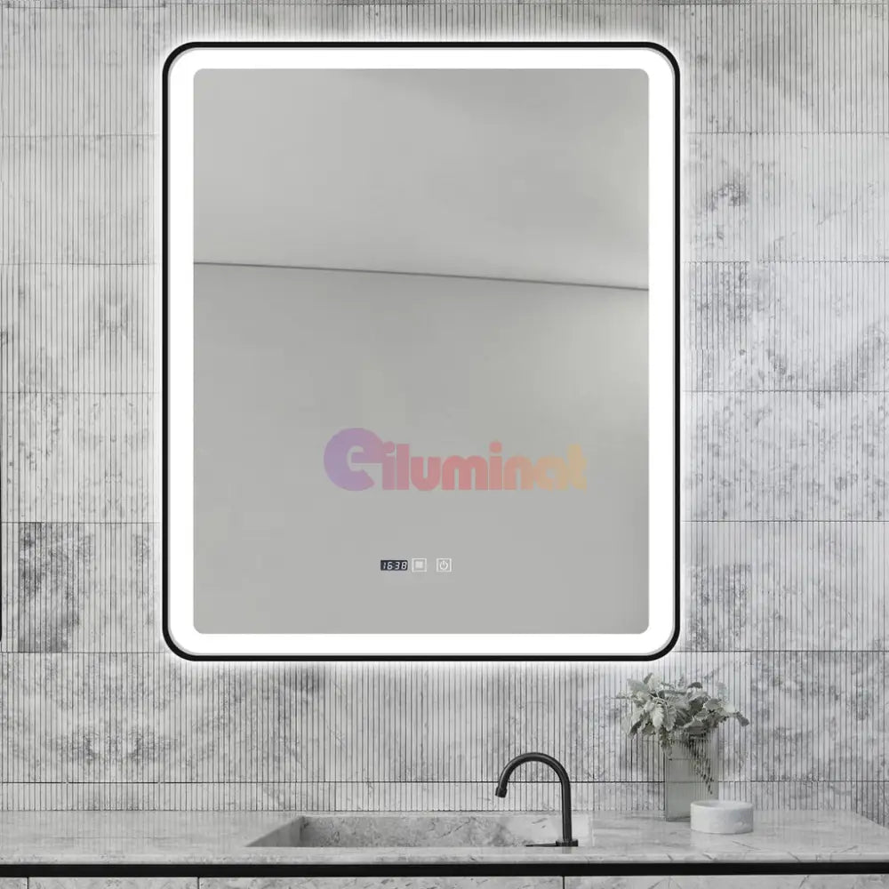 Oglinda Led 75X90Cm Cu Rama Neagra Functie Dezaburire Touch Si Ceas J37 Mirror