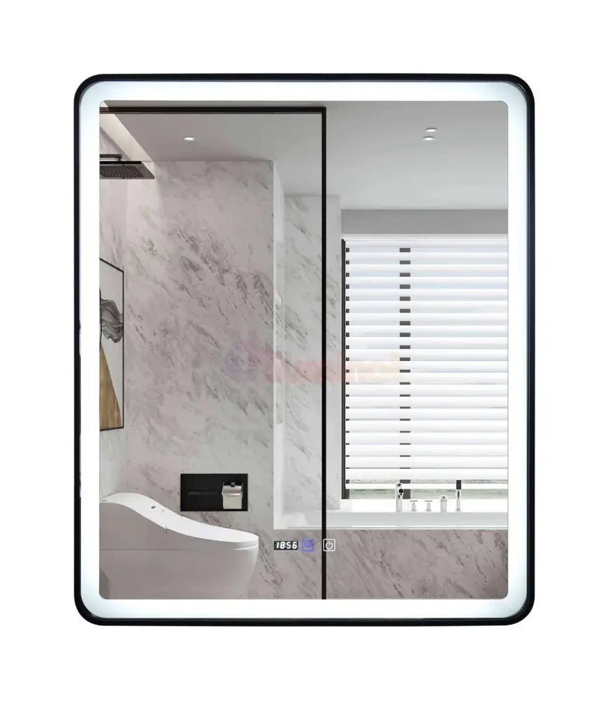 Oglinda Led 75X90Cm Cu Rama Neagra Functie Dezaburire Touch Si Ceas J37 Mirror