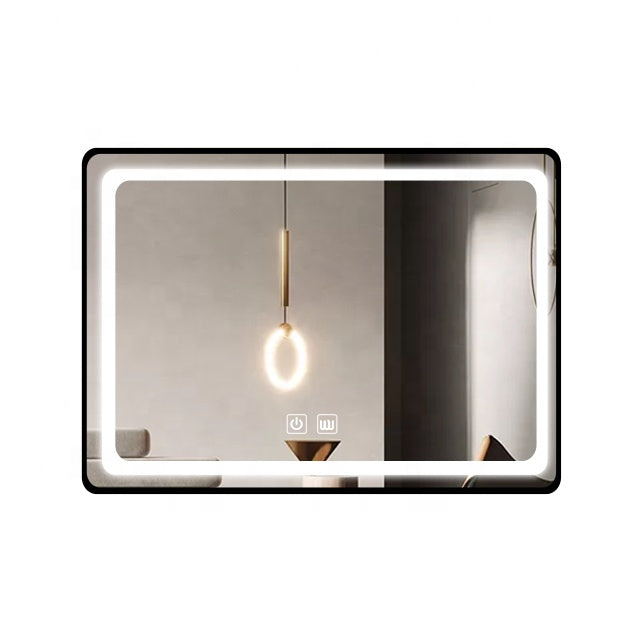 Oglinda Led 100X65Cm Cu Rama Neagra Functie Dezaburire Touch Si Ceas J17 Mirror