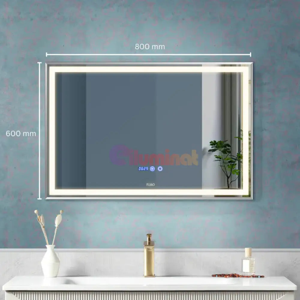 Oglinda LED 80x60cm Rama Argintie Senzor Dezaburire 3 Lumini Temperatura si Ceas W02 ARGINTIE / 80X60CM LED MIRROR