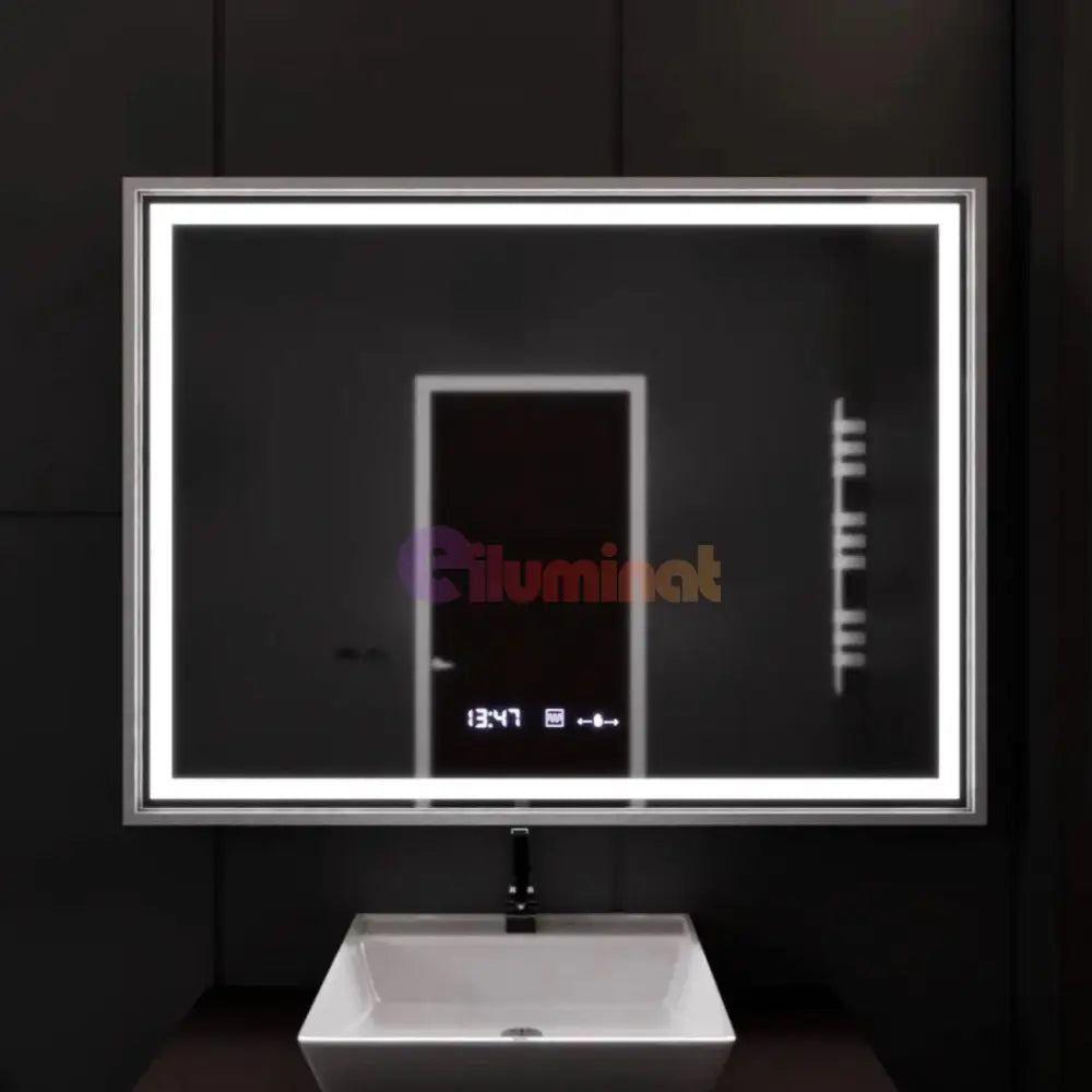 Oglinda LED 80x60cm Rama Argintie Senzor Dezaburire 3 Lumini Temperatura si Ceas W02 ARGINTIE / 80X60CM LED MIRROR