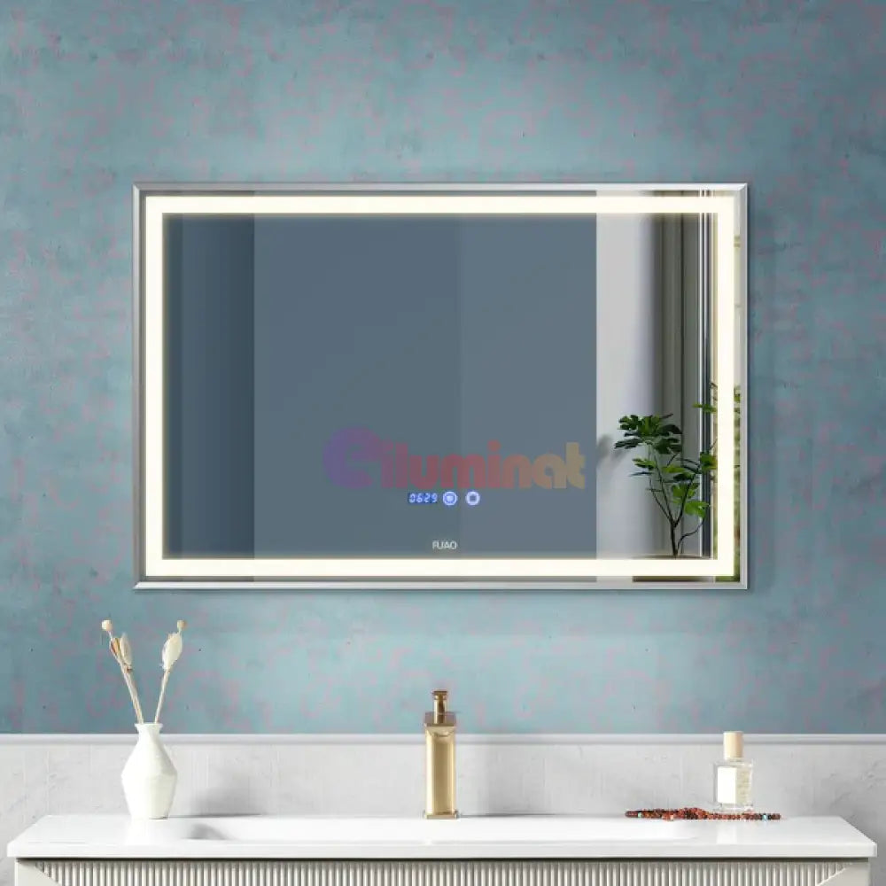 Oglinda LED 80x60cm Rama Argintie Senzor Dezaburire 3 Lumini Temperatura si Ceas W02 ARGINTIE / 80X60CM LED MIRROR