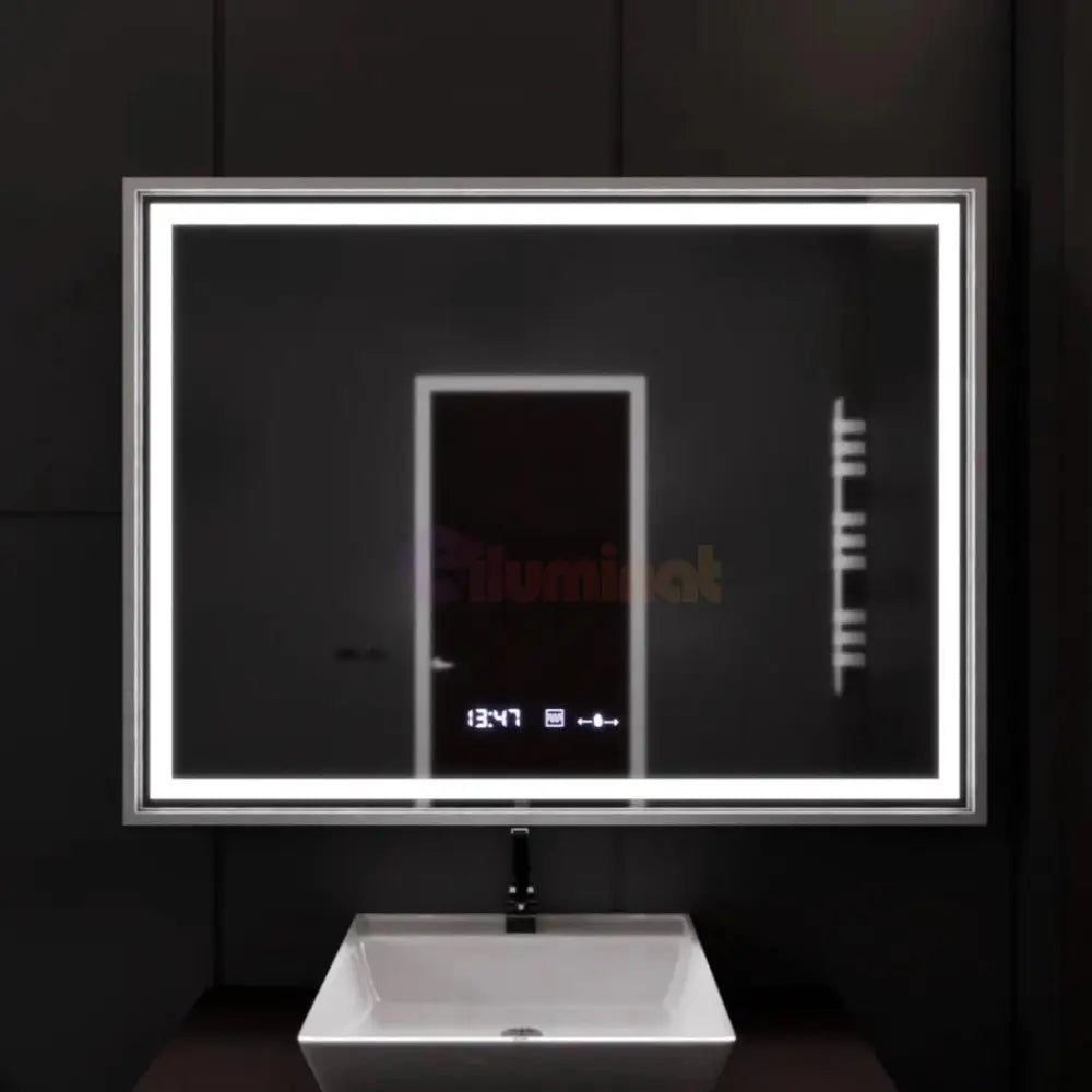Oglinda LED 80x60cm Rama Argintie Senzor Dezaburire 3 Lumini Temperatura si Ceas W02 ARGINTIE / 80X60CM LED MIRROR