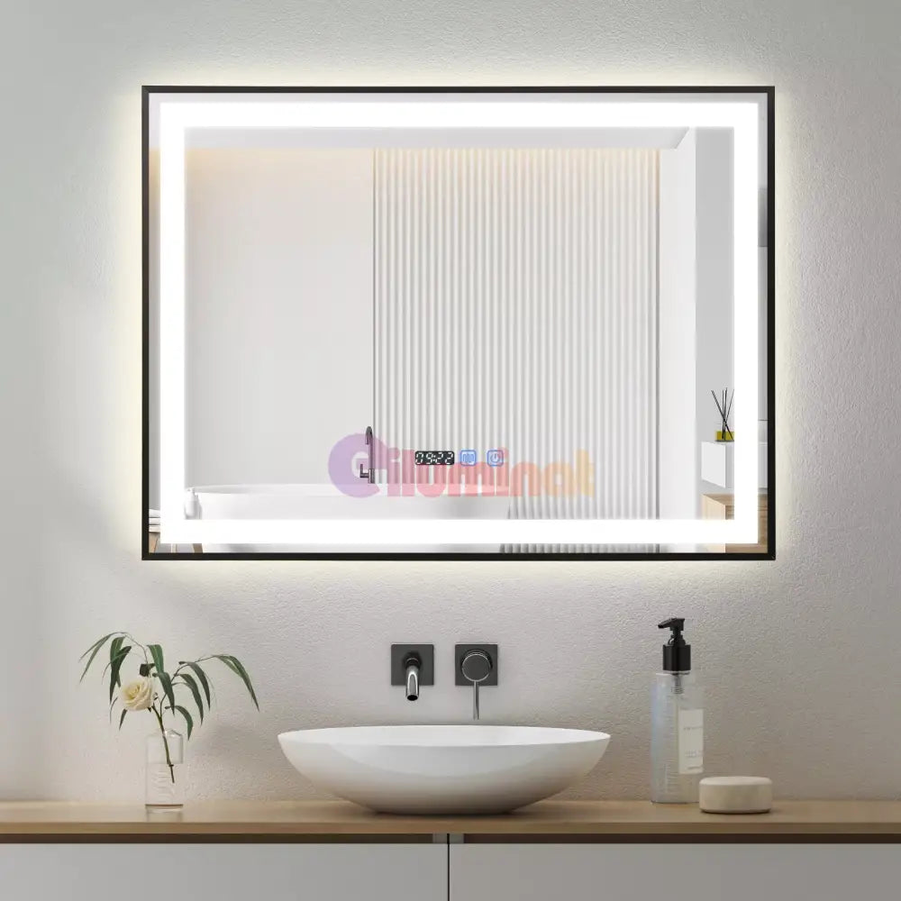 Oglinda LED 80x60cm Rama Neagra Senzor Dezaburire 3 Lumini Temperatura si Ceas W03 NEAGRA / 80X60CM LED MIRROR