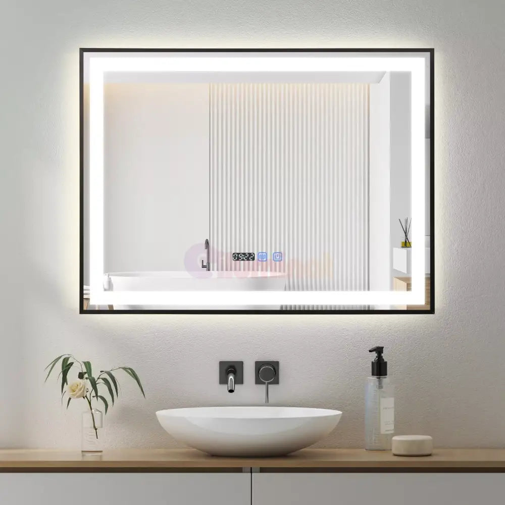 Oglinda LED 80x60cm Rama Neagra Senzor Dezaburire 3 Lumini Temperatura si Ceas W03 NEAGRA / 80X60CM LED MIRROR