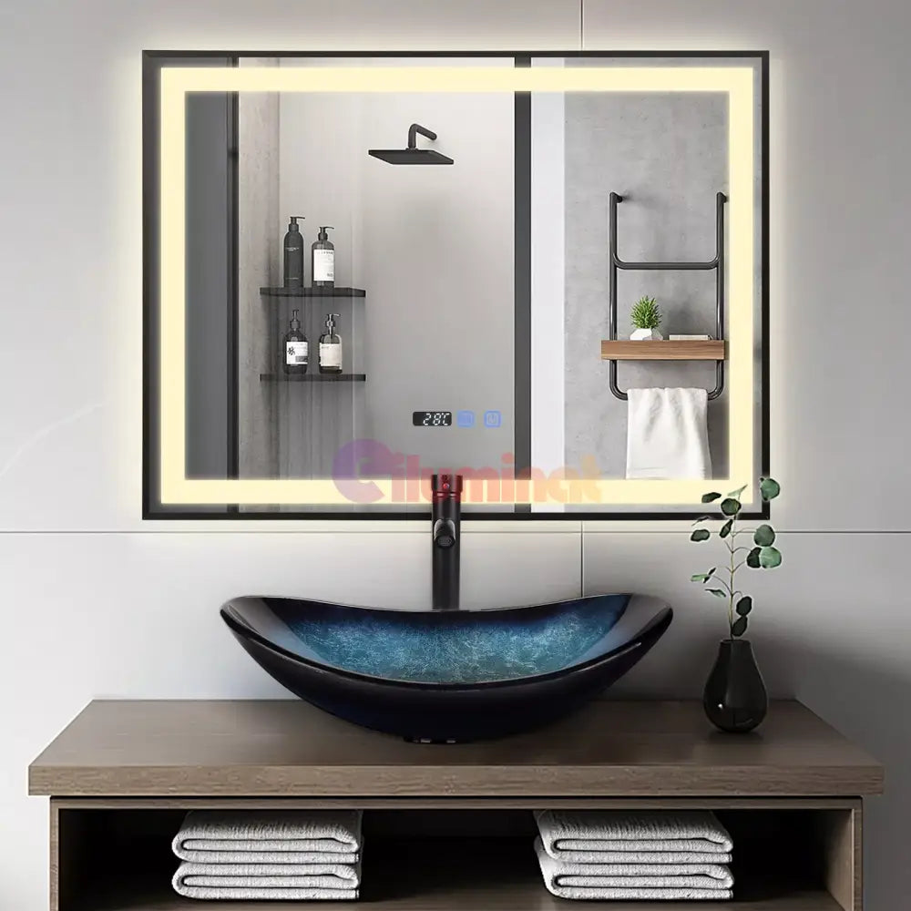 Oglinda LED 80x60cm Rama Neagra Senzor Dezaburire 3 Lumini Temperatura si Ceas W03 NEAGRA / 80X60CM LED MIRROR