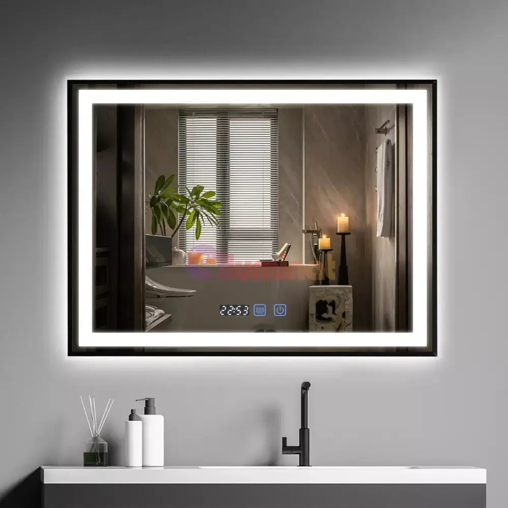 Oglinda LED 80x60cm Rama Neagra Senzor Dezaburire 3 Lumini Temperatura si Ceas W03 NEAGRA / 80X60CM LED MIRROR