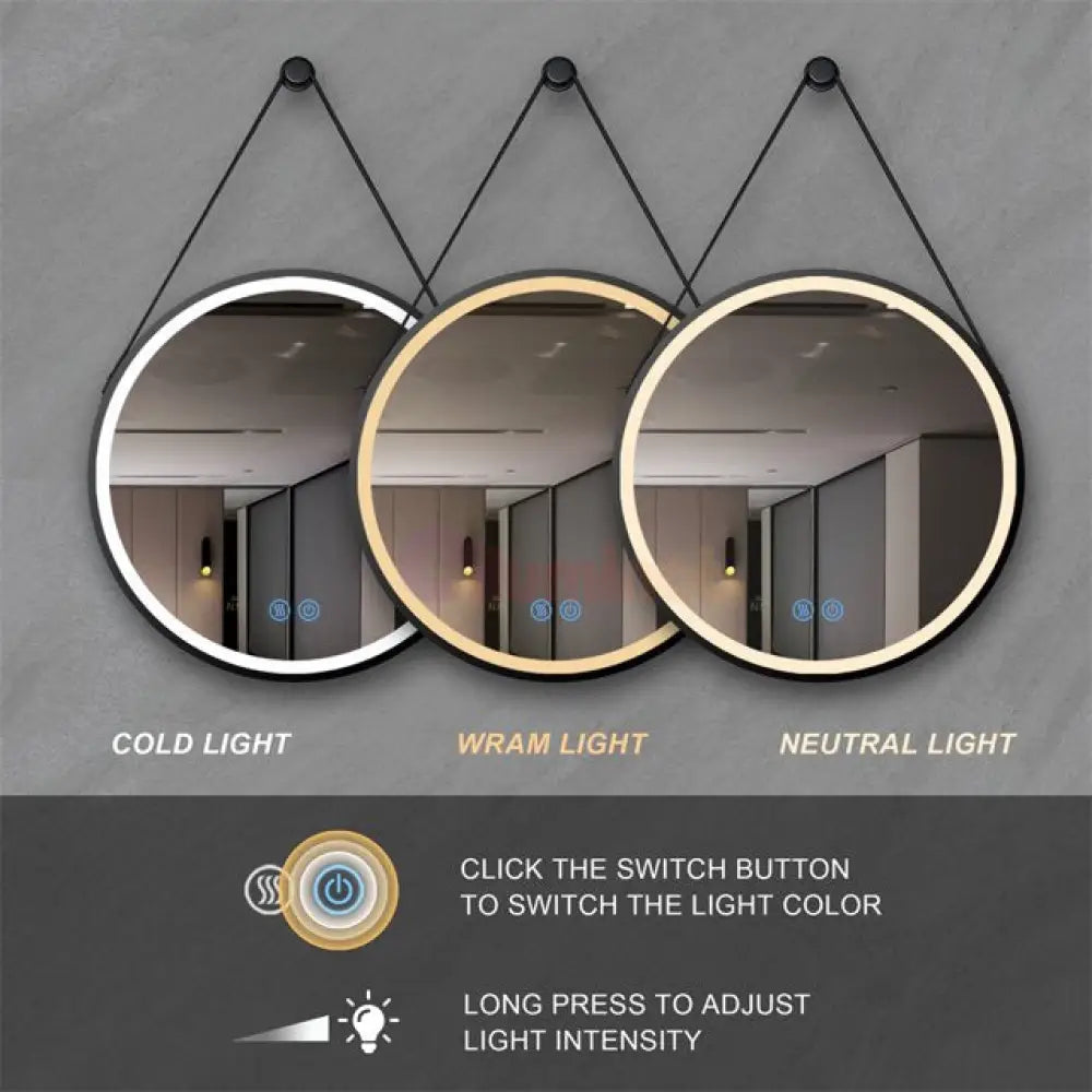 Oglinda Led Baie 60Cm Fog Black Piele + Aluminiu Senzor Miscare Temperatura Ceas Si Dezaburire